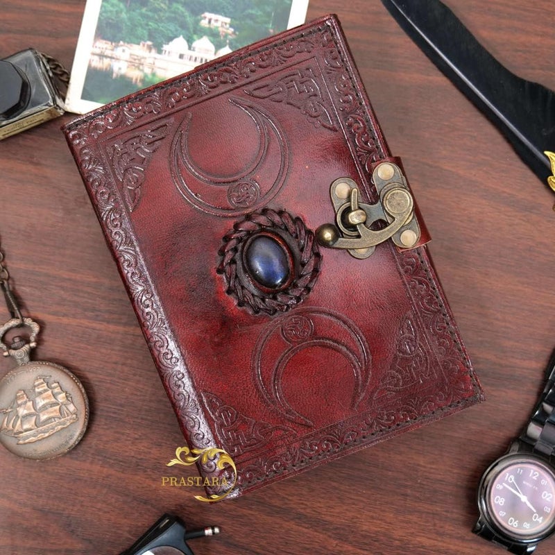 PRASTARA Blank spell book of shadows journal with lock clasp prop vintage handmade leather third eye stone diary embossed triple moon prayer pagan unlined paper witchcraft wiccan notebook daily 7 x 5 Inches. - Image 4